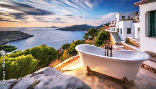 Bañera con impresionantes vistas al mar, Casa Blanca en una isla griega, baño de lujo en hotel, hecho con IA
 photo