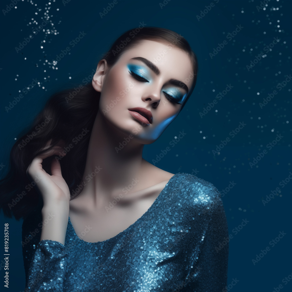 Elegant Woman with Blue Glitter Makeup and Closed Eyes Posing Against Dark Blue Background Elegant Woman with Blue Glitter Makeup and Closed Eyes Posing Against Dark Blue Background