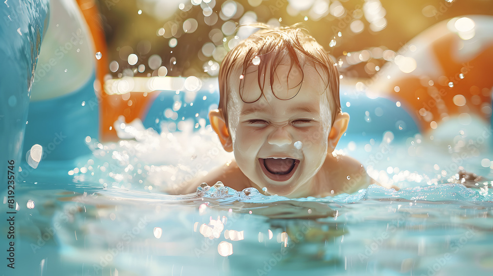 Happy baby playing in swimming pool during summer vacation. Happy baby playing in swimming pool during summer vacation.