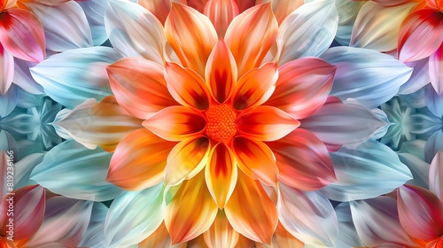 Abstract pattern of flower petals forming a kaleidoscope effect, vibrant colors blending seamlessly, Psychedelic, Digital Art, High Detail