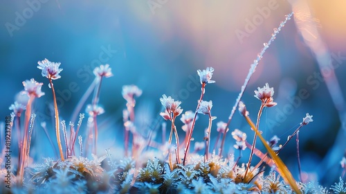 Closeup of frostcovered moss and grass, Winter, Cool tones, Macro photography photo