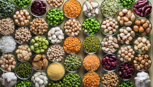 Various assortment of indian legumes in bowls - beans, chickpeas, lentils, dal top view. Vegetable proteins. Vegan food. Healthy eating concept. photo