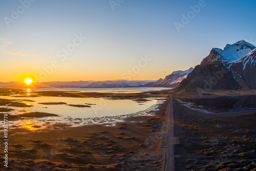 Sunset over Stokksnes beach with Vestrahorn mountains, South East Iceland photo