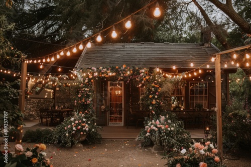 elegant cozy outdoor wedding decoration with lights and flowers in peach fuzz color of the year palette 