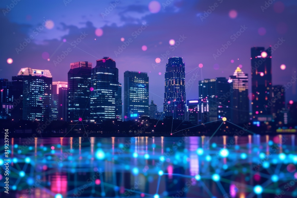 Obraz premium data science visualization connected dots texture above city skyscrapers background, neon lights