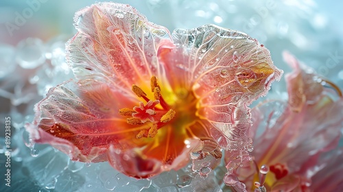 Flower petals frozen in ice  capturing the beauty of nature in a suspended state  Cool  Clear  Detailed