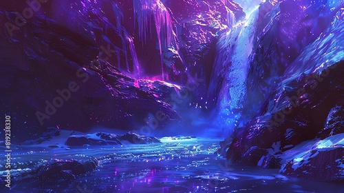 Frozen river with ice shards, dynamic, neon colors, futuristic, illustration, highlighting the interplay of light and icy textures