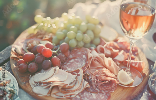 wine and charcuterie board  golden hour  Shot on 28 mm kodak camera Film vintage colors  in summer on a light background realistic photography