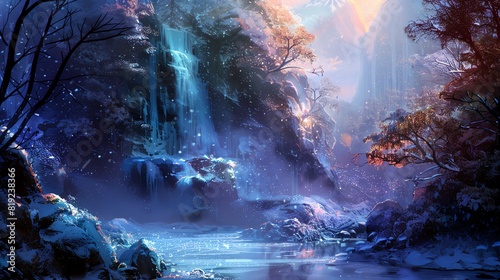 Frozen waterfall in a mystical forest  fantasy  rich colors  digital painting  highlighting the enchanting and textured winter environment