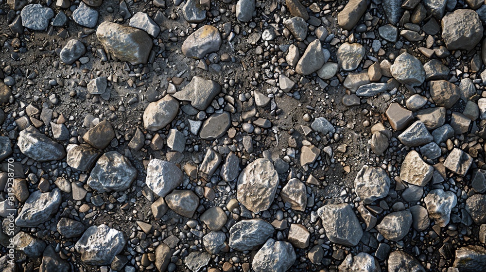 Gravel and small stones on a construction site, urban area, various grays and browns, realistic photography, detailed gravel textures Gravel and small stones on a construction site, urban area, various grays and browns, realistic photography, detailed gravel textures