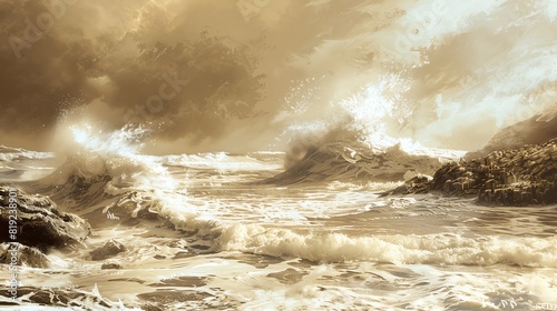 Icy ocean waves crashing against rocks, dramatic, steampunk, sepia tones, digital painting, capturing the power and texture of winter seas