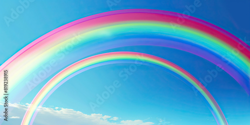 A brilliant rainbow stretches across the sky, a double rainbow visible just above the horizon