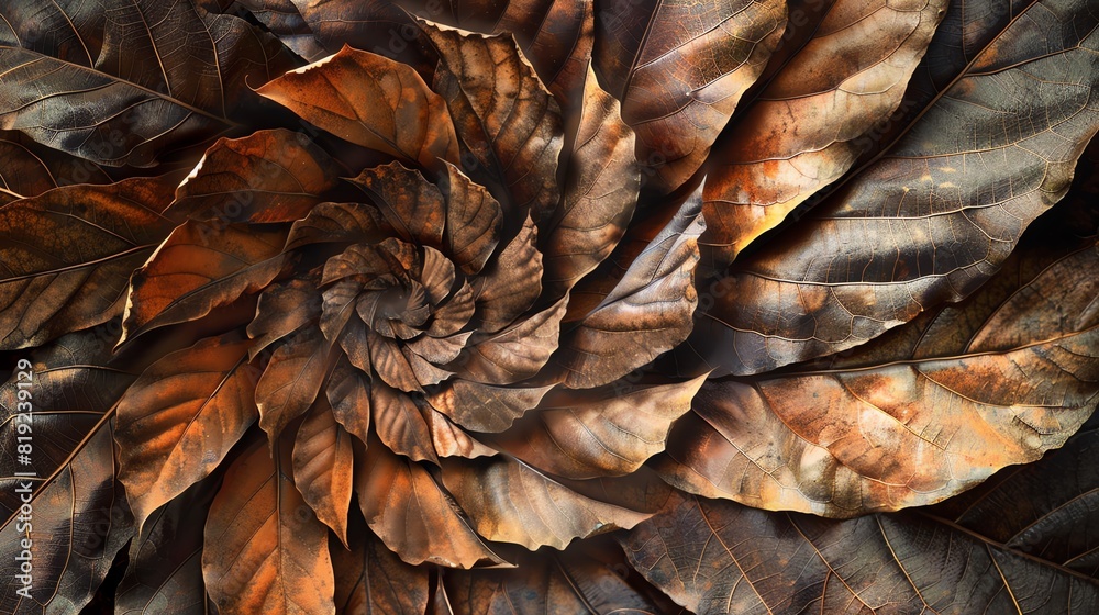 Leaves forming a spiral pattern, symbolizing growth and continuity, Geometric, Earth Tones, Detailed Leaves forming a spiral pattern, symbolizing growth and continuity, Geometric, Earth Tones, Detailed