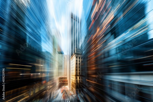 skyscrapers in the city with horizontal motion blur background in blue color palette. Financial business center. Investment  money and trading. 
