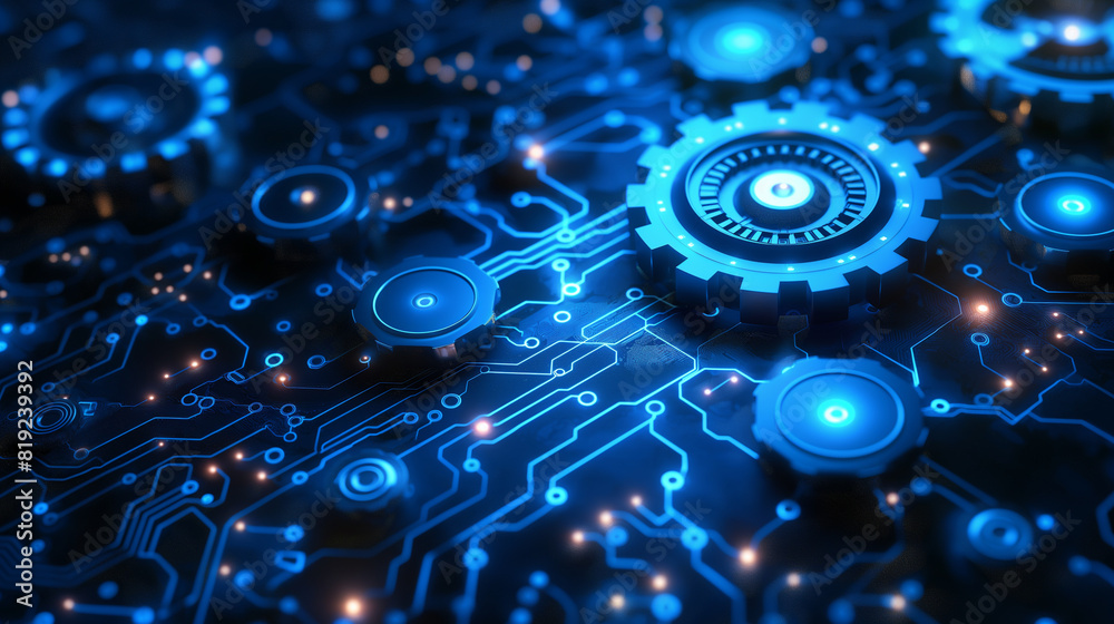 A blue and black computer chip with a blue gear on it A blue and black computer chip with a blue gear on it