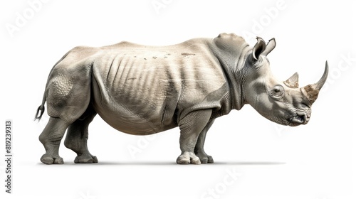 A powerful rhino standing on a white background. Suitable for wildlife themes