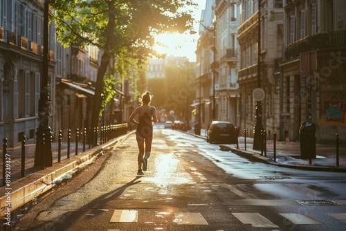 young woman jogging in the morning in the street of Paris wearing sport outfit. Healthy active lifestyle.  © Dina