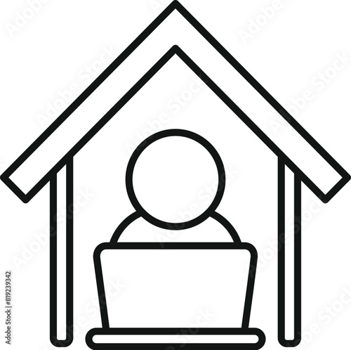 Line art icon of a person on a laptop inside a house, symbolizing remote work