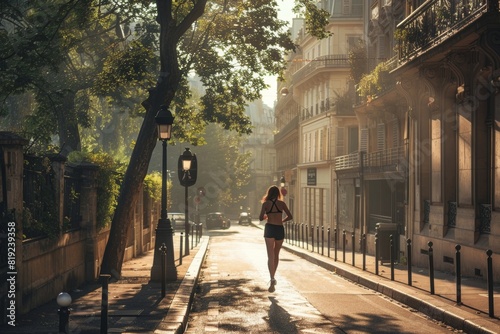 young woman jogging in the morning in the street of Paris wearing sport outfit. Healthy active lifestyle. 