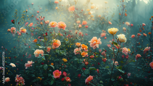 Enchanted misty rose garden at dawn