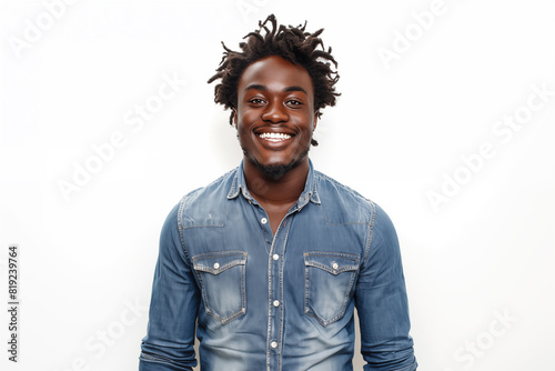 Studio portrait of smiling young black man wearing jean shirt. © Pierre