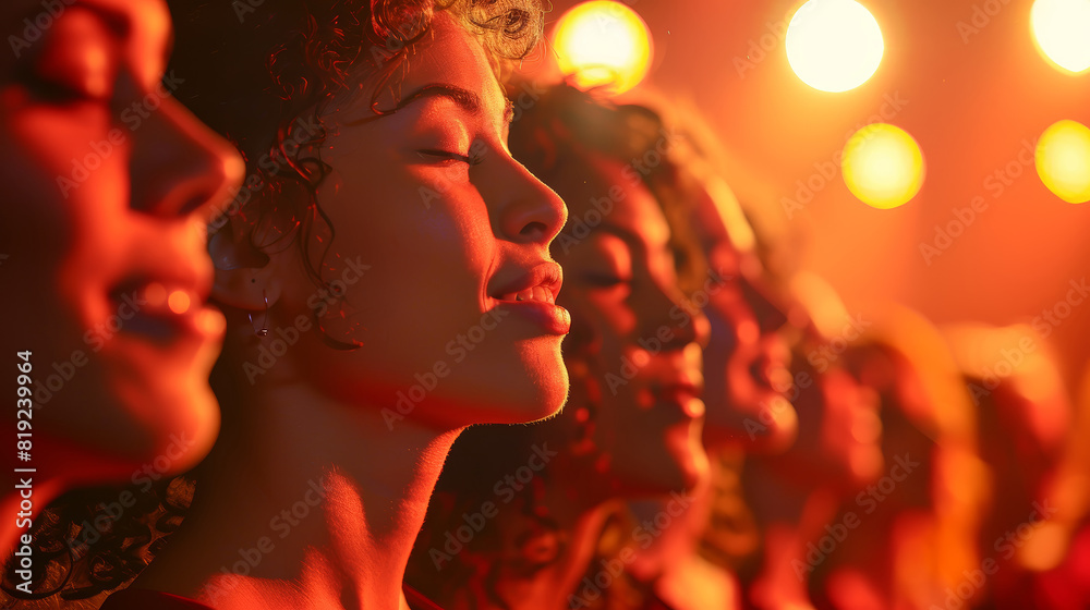 Woman with curly hair joyfully sings amidst a crowd at a vibrant concert
