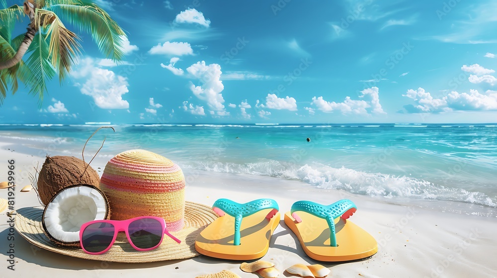 Colorful flipflopssunglasses and hat with coconuts on the beach by the sea in summer
