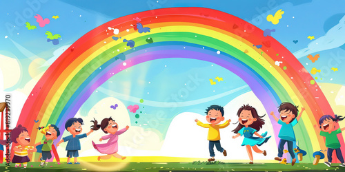 Happy and Colorful Playground Illuminated by a Vibrant Rainbow