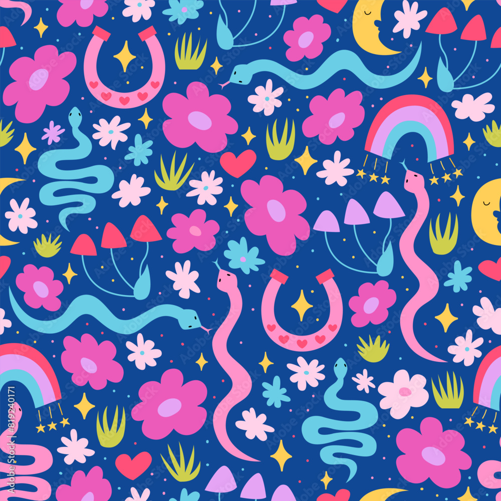 Seamless pattern with various flowers, snakes and horseshoes. Floral vector flat background