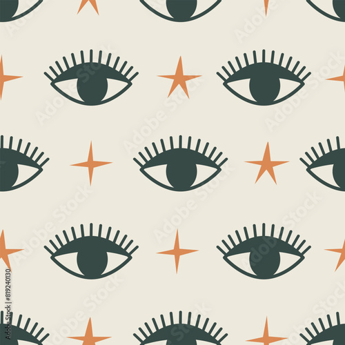 Seamless pattern with eyes and stars. Bohemian minimalist vector flat background