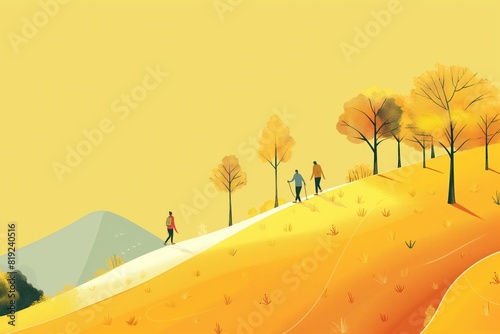 A charming 2D cartoon image of a family hiking up a hill, with trees and a clear sky, isolated on a solid yellow background, ideal for promoting family-friendly outdoor activities.