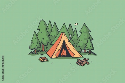 A cheerful 2D cartoon illustration of a tent pitched in the woods, with a campfire burning nearby, isolated on a solid light green background, evoking the spirit of camping adventures. photo