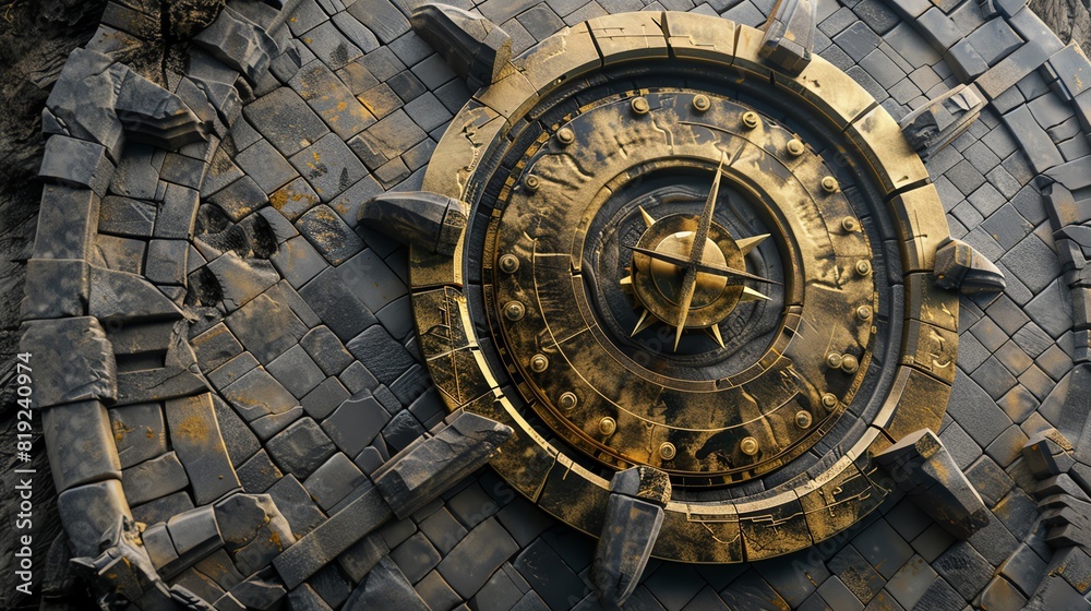 Fototapeta premium Ancient circular stone structure with intricate golden details, resembling a clock or astrolabe, set against a weathered wall.