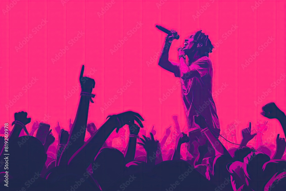 A colorful 2D cartoon scene of a musician performing on stage at a music festival, with cheering crowd silhouettes in the foreground, set against a solid pink background.