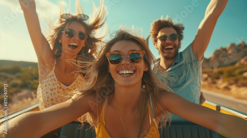 Happy Young People Friends on a Sunny Road Trip Adventure. Generative ai
