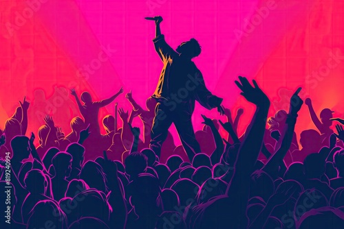 A colorful 2D cartoon scene of a musician performing on stage at a music festival  with cheering crowd silhouettes in the foreground  set against a solid pink background.