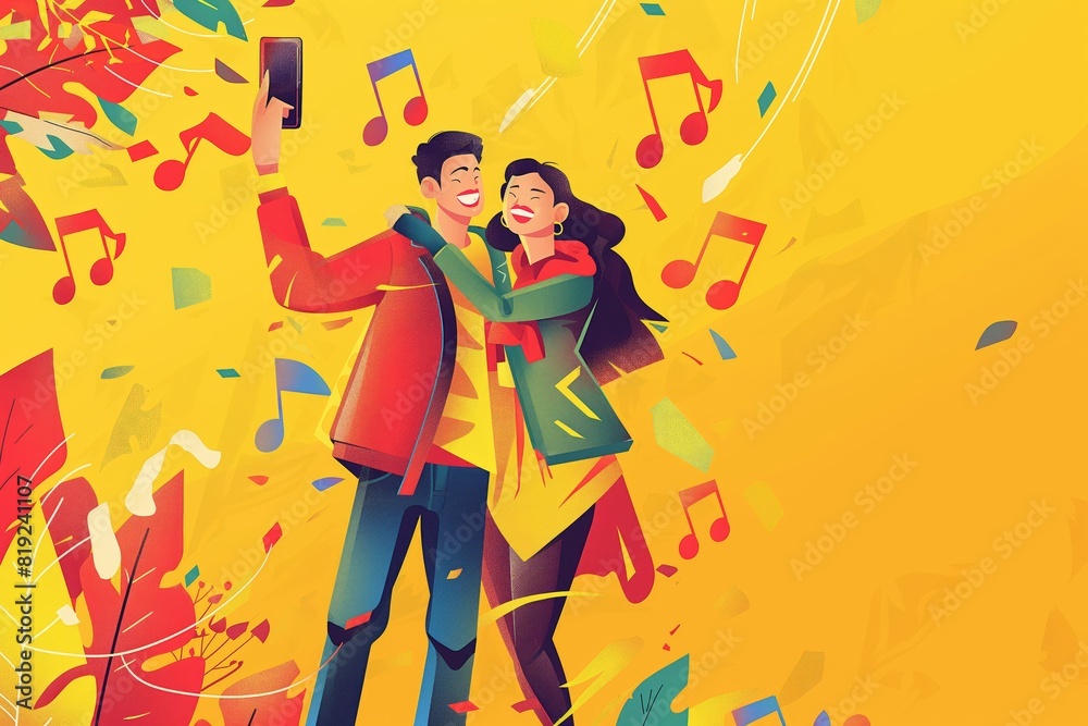 A vibrant 2D cartoon illustration of a couple taking a selfie at a music festival, surrounded by musical notes and decorations, isolated on a solid yellow background. A vibrant 2D cartoon illustration of a couple taking a selfie at a music festival, surrounded by musical notes and decorations, isolated on a solid yellow background.