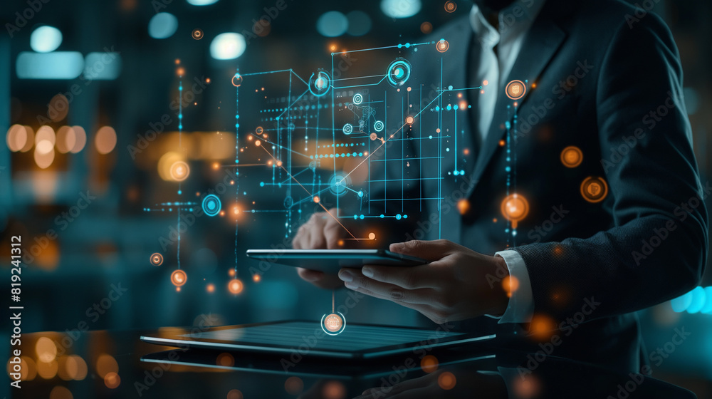 A man is holding a tablet and is looking at a screen with a lot of numbers A man is holding a tablet and is looking at a screen with a lot of numbers