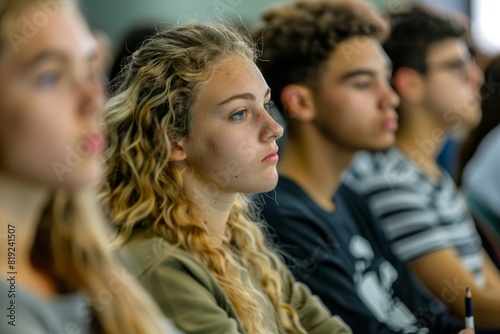 A group of young individuals sitting closely beside each other in rows, listening attentively to a lecture in a lecture hall