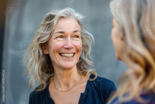 Candid shot of a mature woman engaged in conversation, smiling genuinely and animatedly with another woman