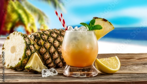 DELICIOSO DRINK ALCÓOLICO DE ABACAXI COM COCO TIPO PINÃ COLADA photo