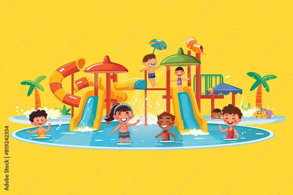 A vibrant cartoon depiction of children playing in colorful water attractions at a water park, set against a solid sunny yellow background, perfect for illustrating summertime fun. A vibrant cartoon depiction of children playing in colorful water attractions at a water park, set against a solid sunny yellow background, perfect for illustrating summertime fun.