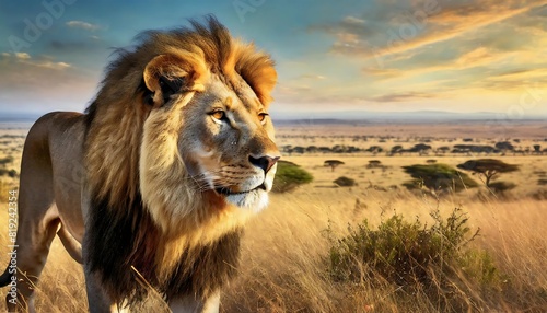 LEÃO, O REI DA SELVA, EM MEIO A SAVANA AFRICANA photo