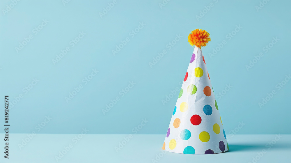 Closeup of one colorful celebartion hat isolated on blue background Closeup of one colorful celebartion hat isolated on blue background