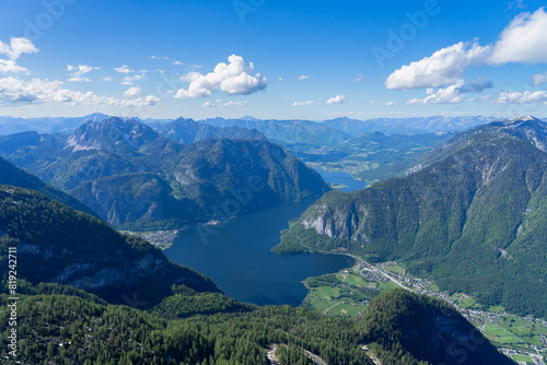 View from the mountain Krippenstein (Dachstein) over Hallstätter See and the landscape of Salzkammergut 