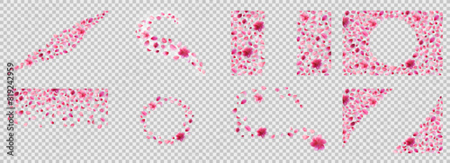Sakura petals compositions set. Flower decoration on transparent png background. Swirl, wave, side area, round, horizontal and vertical, corner. Stock vector illustration in realistic style.