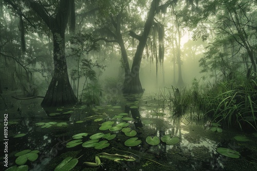 A misty swamp filled with numerous water lilies, captured at dawn from a low angle photo