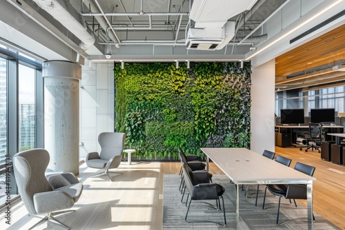 Modern eco-friendly office space featuring a lush living green wall  designed to promote employee wellness