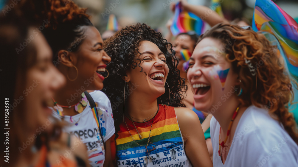 A group of friends at Pride, each wearing T-shirts with powerful equality slogans, laughing and sharing stories, their camaraderie shining through in the candid snapshot 