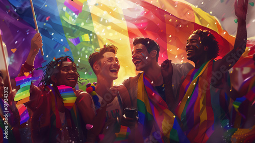 A joyous scene as friends draped in rainbow flags laugh and dance in the rain, undeterred by the weather, celebrating their identity and the freedom to express it  photo